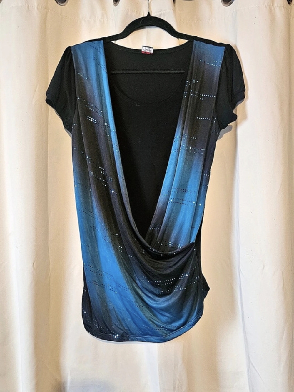 Vtg Gidani Abstract Draped Short Sleeve Top in Black & Blue